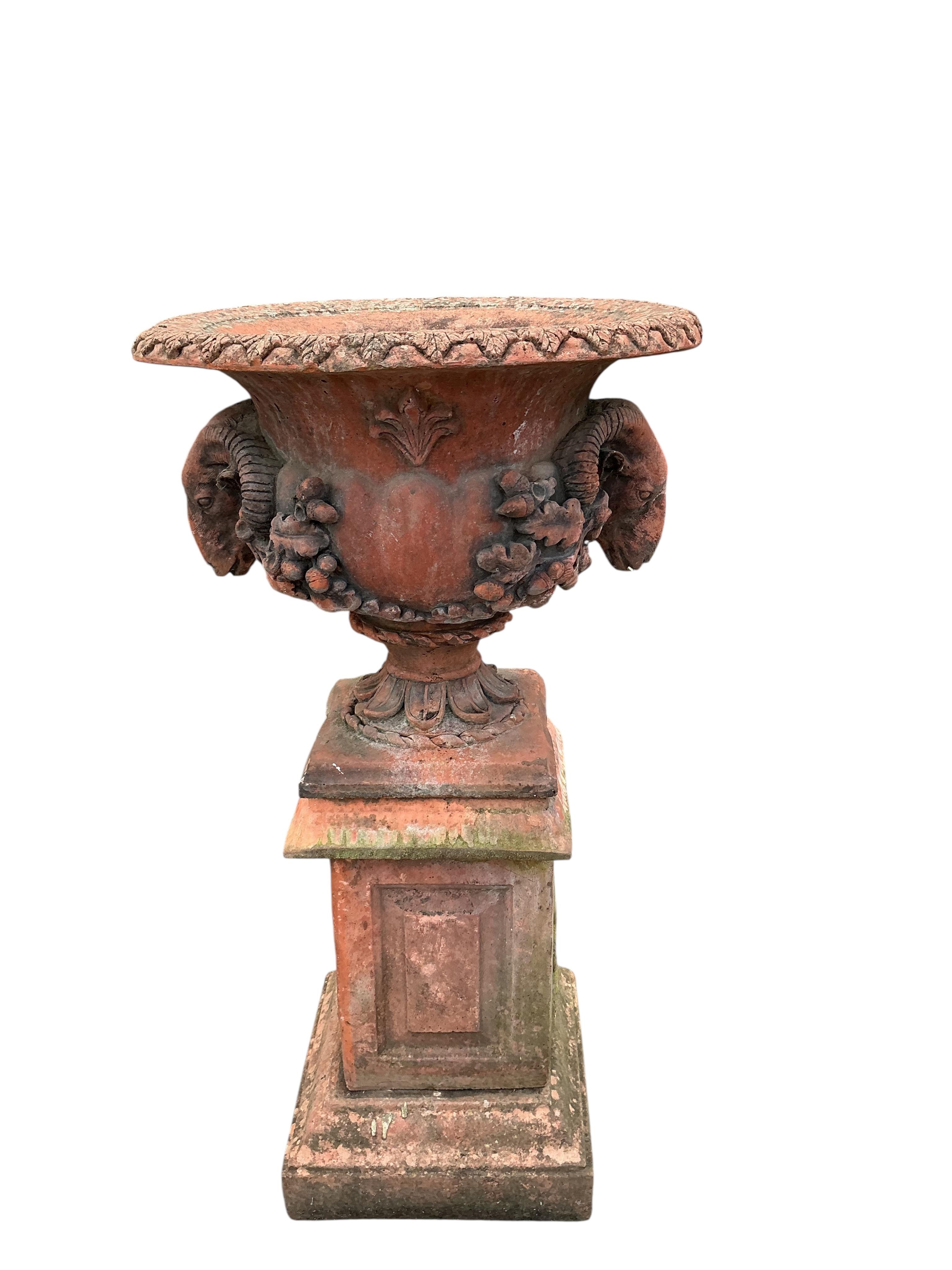 A pair of terracotta ram's head circular garden urns, on square pedestal bases, diameter 52cm, height 98cm